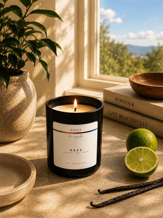 Daze candle with a vanilla bean and lime on a windowsill with a scenic view.