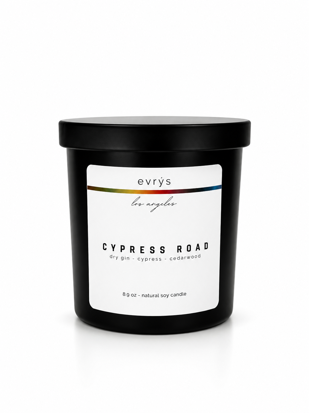 evrys candle labeled 'Cypress Road' on a white background