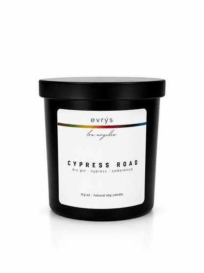 evrys candle labeled 'Cypress Road' on a white background