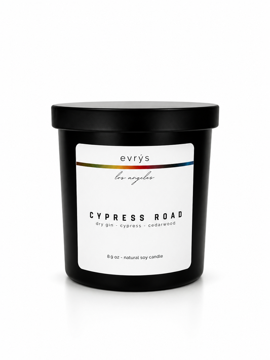 evrys candle labeled 'Cypress Road' on a white background