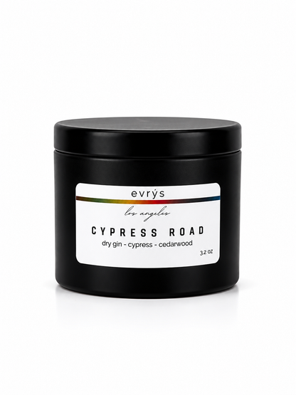 Black container candle with an evrys Cypress Road label on a white background