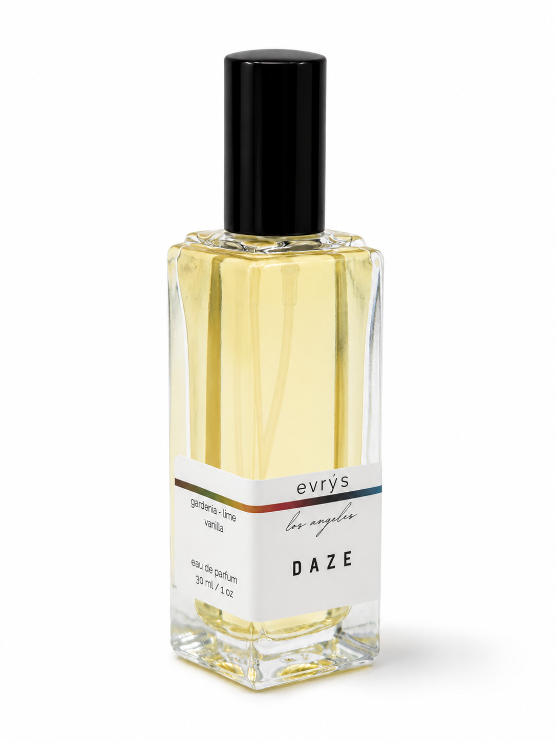 Perfume bottle labeled 'evrys' Daze with a black cap on a white background