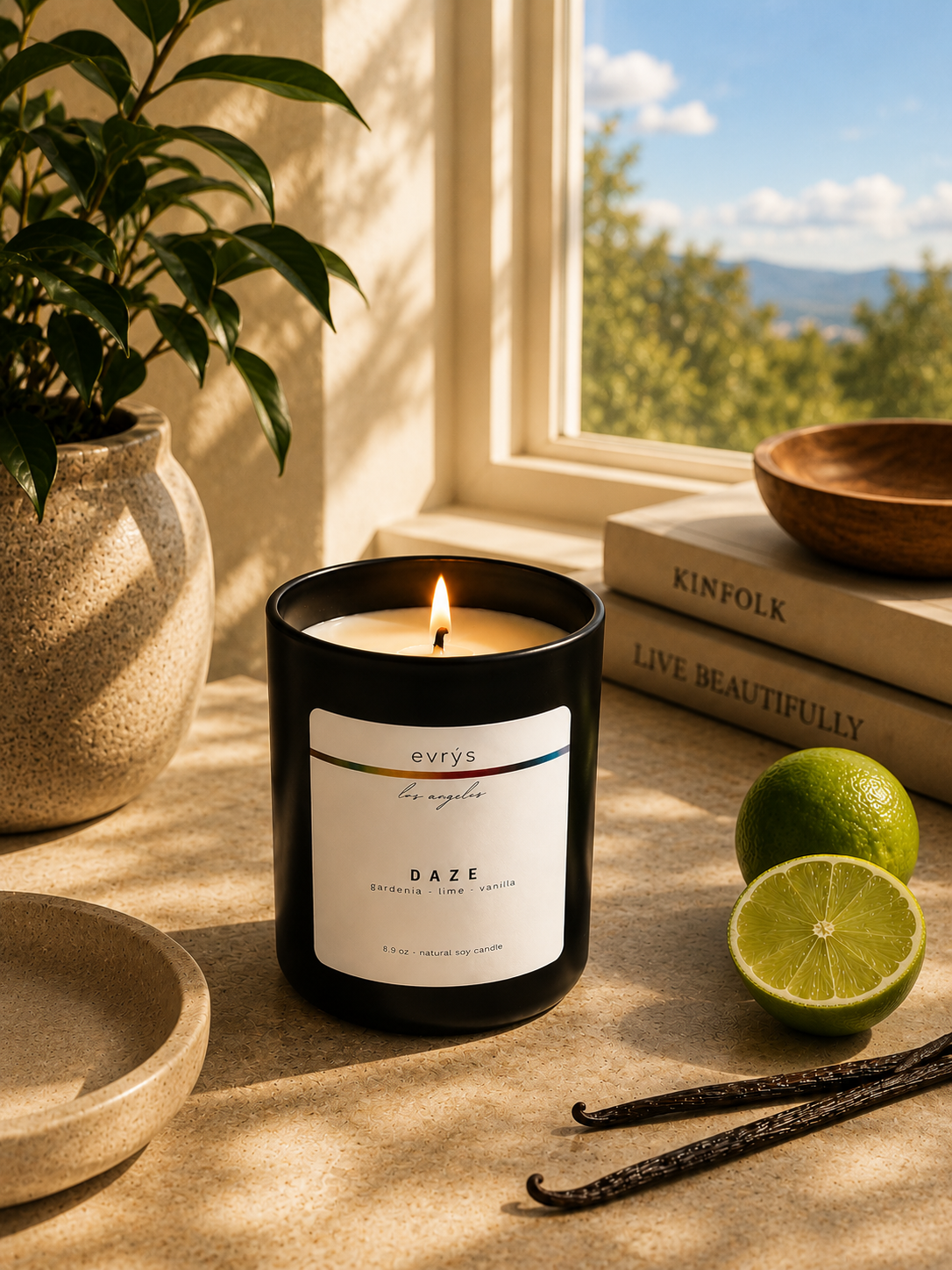 Daze candle with a vanilla bean and lime on a windowsill with a scenic view.