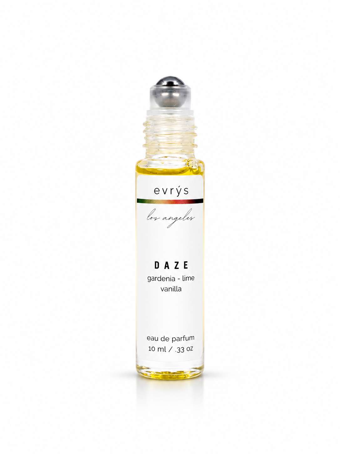 Roll-on perfume bottle labeled 'evrys'  Daze on a white background