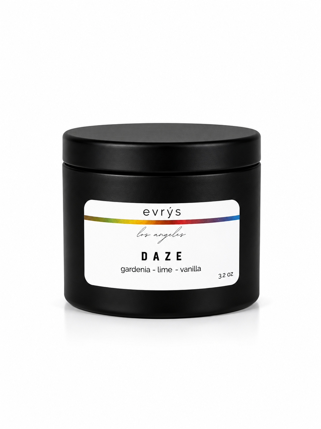 Black container candle with a white label featuring 'evrys los angeles' Daze on a white background