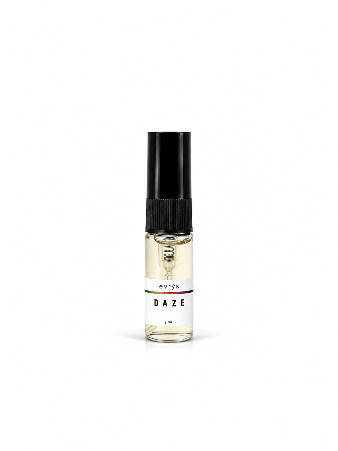 Small perfume bottle labeled 'evrys' Daze on a white background