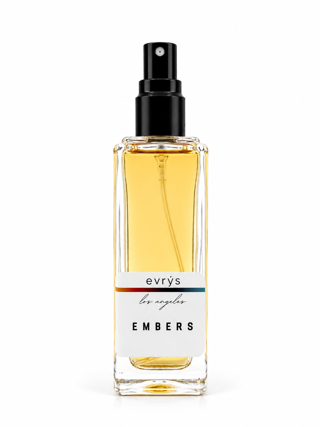 Perfume bottle labeled 'evrys' with 'Embers' on a white background