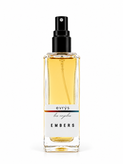 Perfume bottle labeled 'evrys' with 'Embers' on a white background
