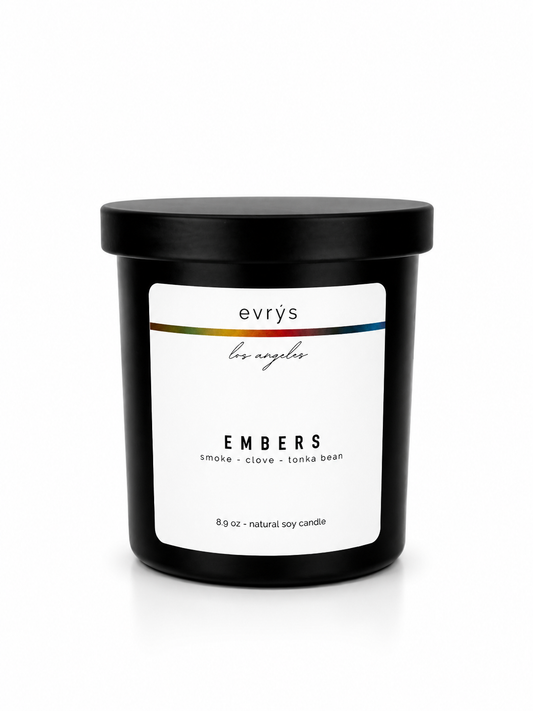 evrys candle labeled 'Embers' on a white background