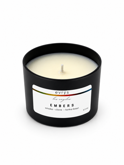 Evrys candle with 'Embers' label on a white background