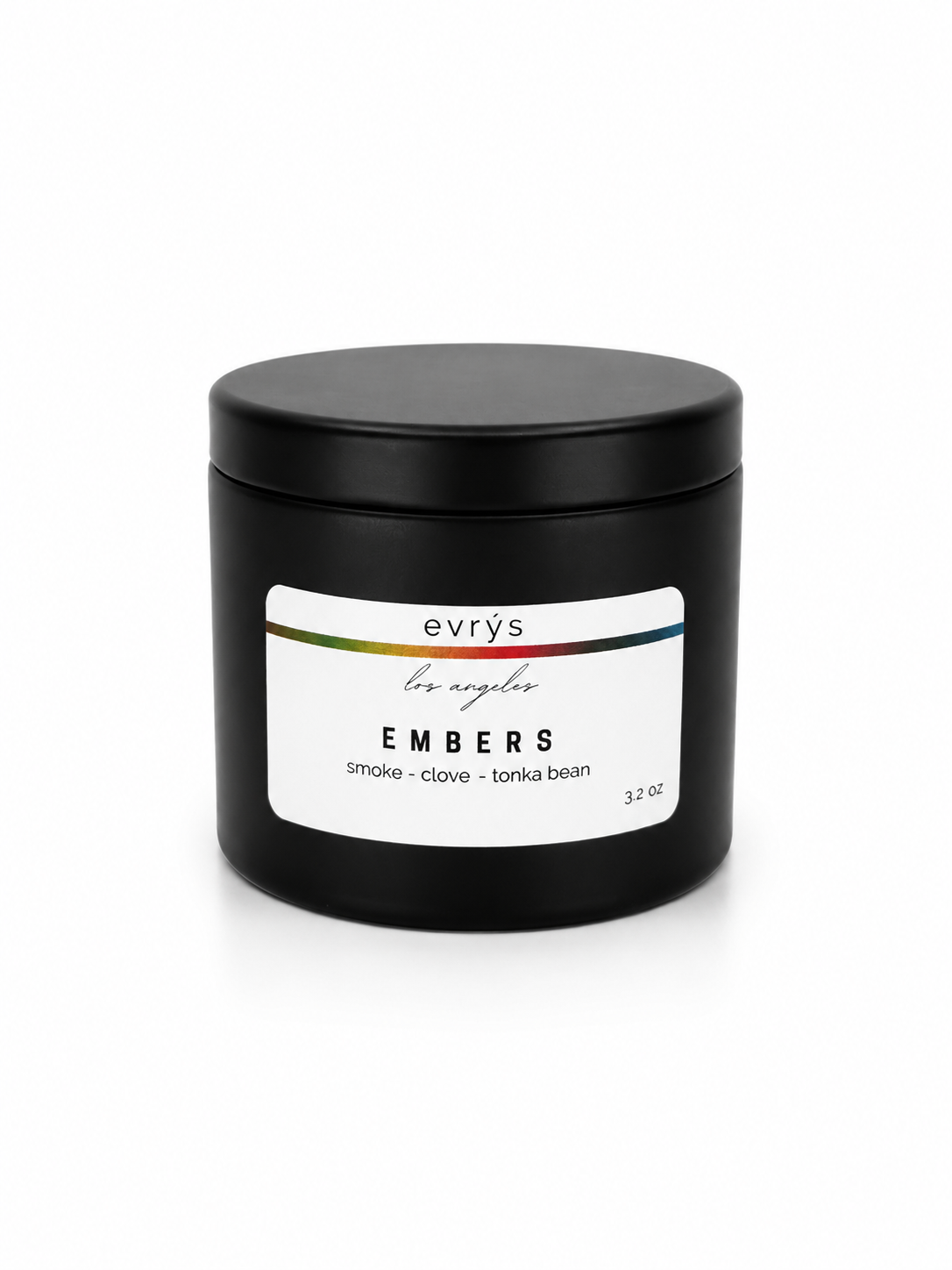 Black candle jar with an evrys Embers label on a white background