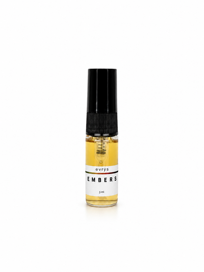 Small bottle of amber-colored fragrance and an evrys Embers label on a white background