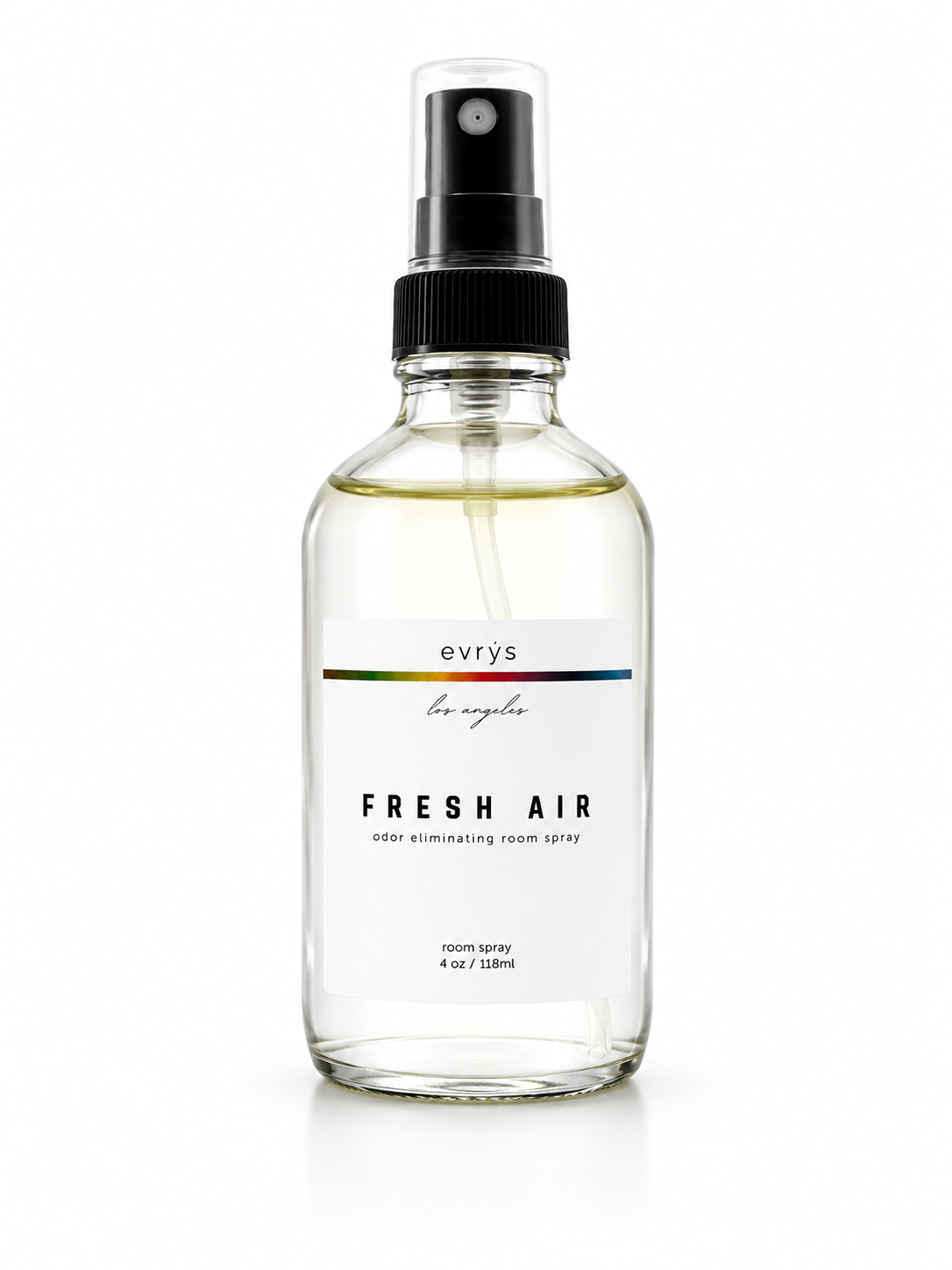 Glass room spray bottle with black spray nozzle labeled 'evrys los angeles' FRESH AIR on a white background