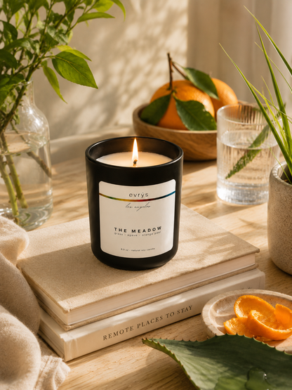 Candle labeled 'The Meadow' on a table with books and oranges