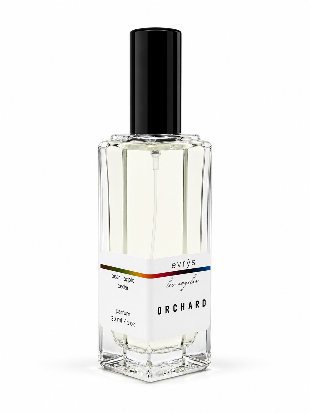 Perfume bottle labeled 'Orchard' by evrys on a white background