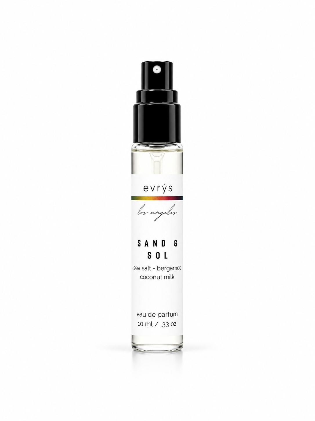 Perfume bottle with Sand & Sol label on a white background