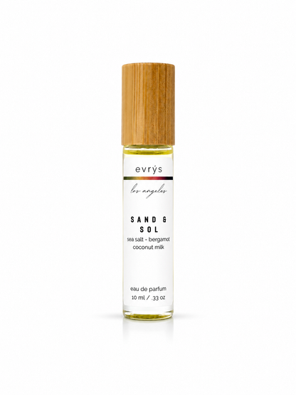 evrys Sand & Sol oil roller perfume bottle on a white background