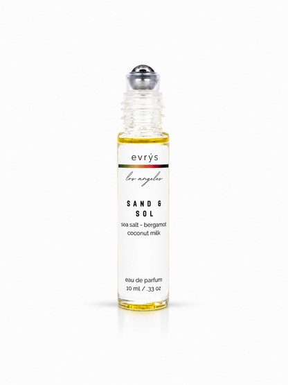 evrys Sand & Sol oil roller perfume bottle on a white background
