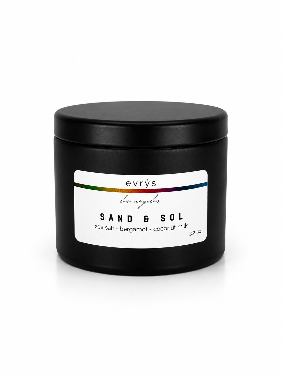Black candle jar with 'evry's Los Angeles' Sand & Sol label on a white background