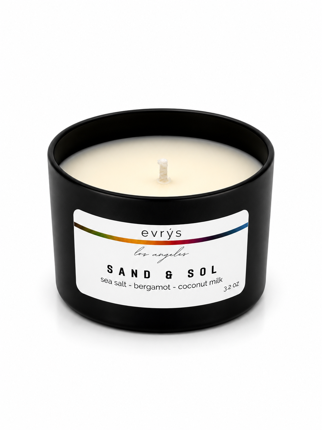 Evrys candle labeled 'Sand & Sol' on a white background