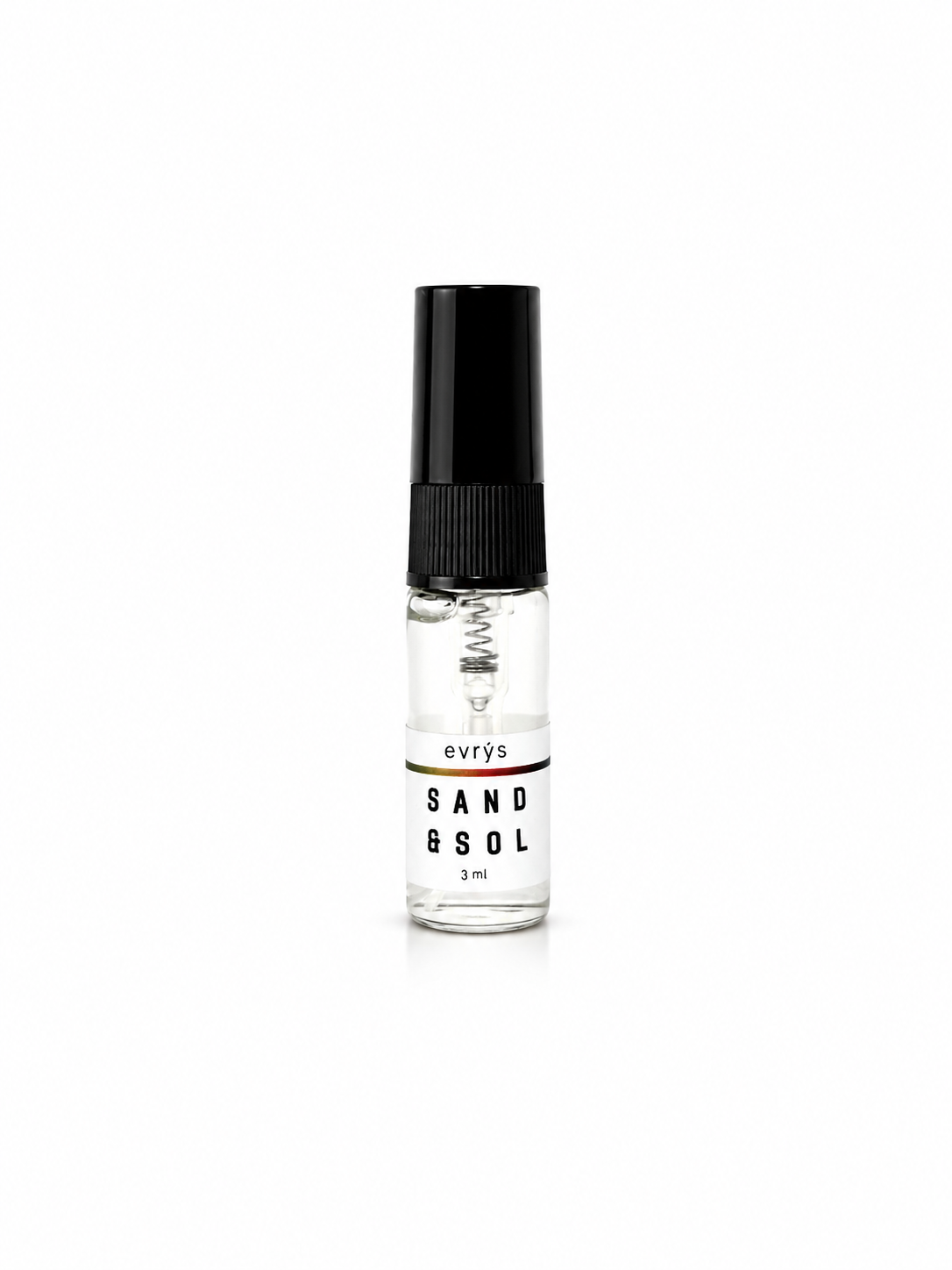 Small fragrance spray bottle labeled 'Sand & Sol' by evrys on a white background