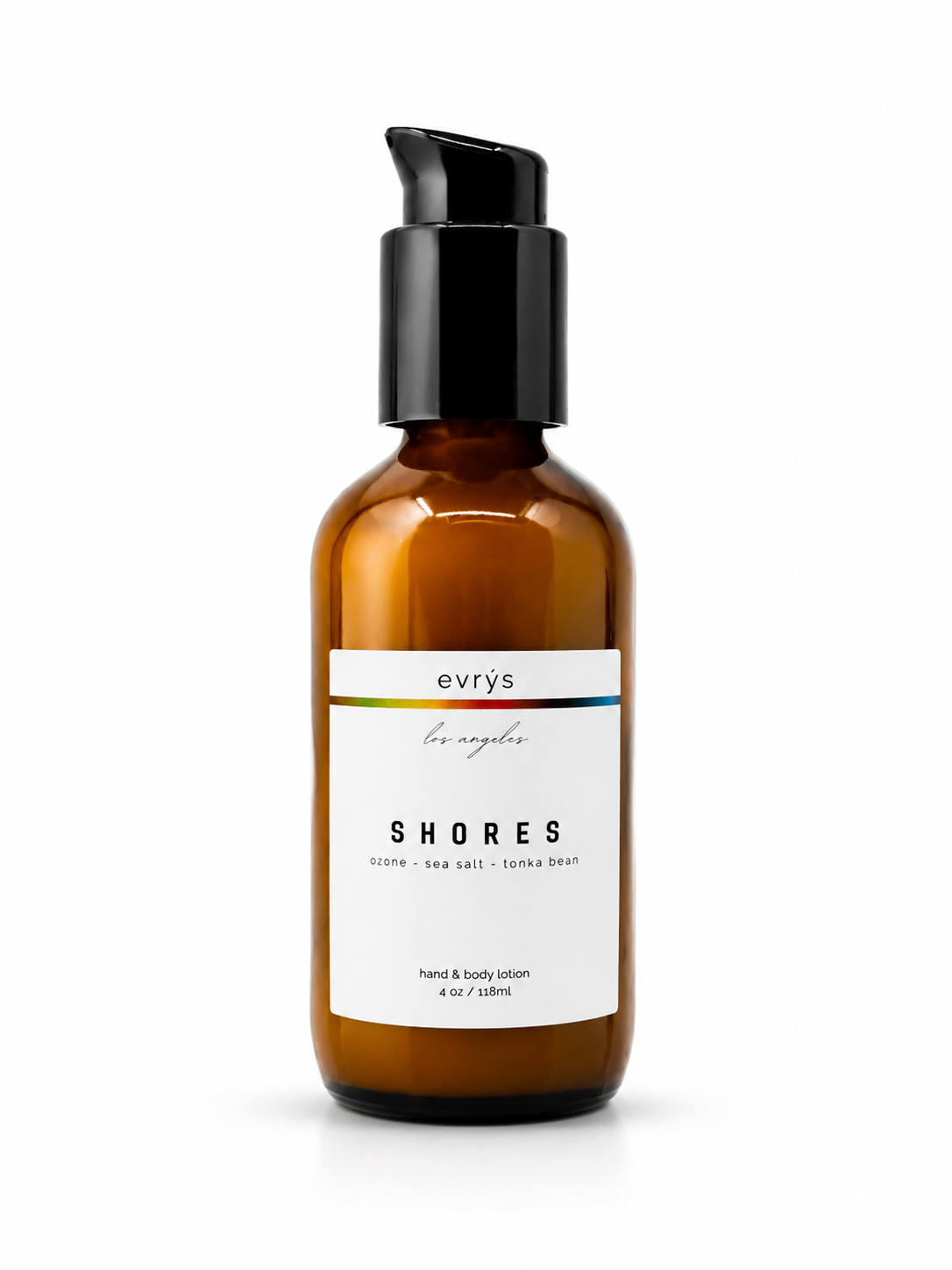 Amber glass lotion bottle with black pump labeled 'evrys' Shores on a white background