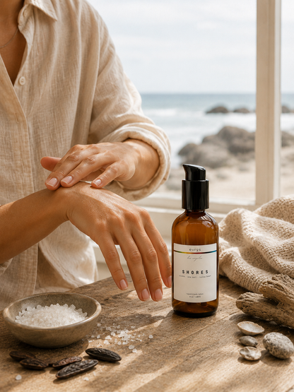 Person applying SHORES lotion with a scenic background