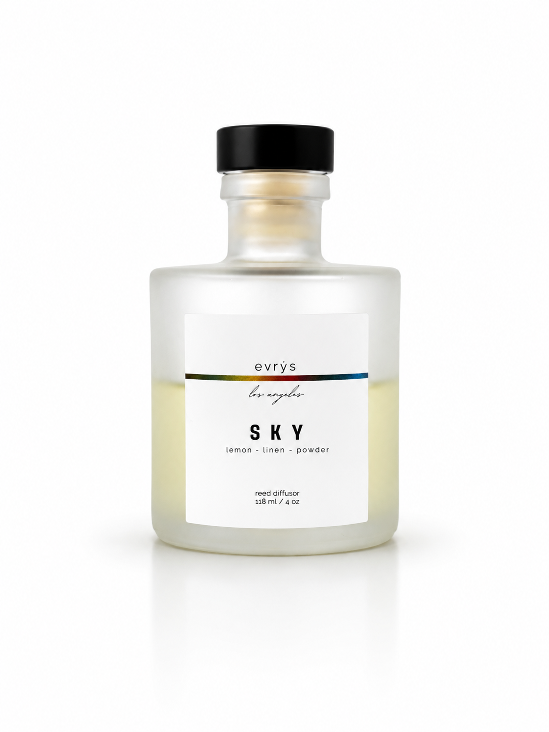 Glass reed diffuser bottle labeled 'Sky' by evrys on a white background