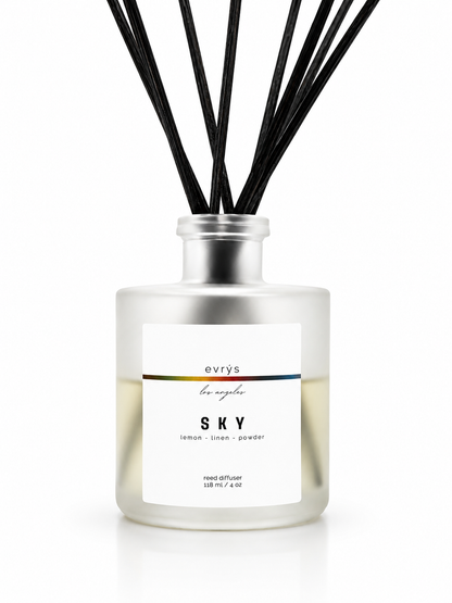 Diffuser bottle labeled 'SKY' by evrys on a white background