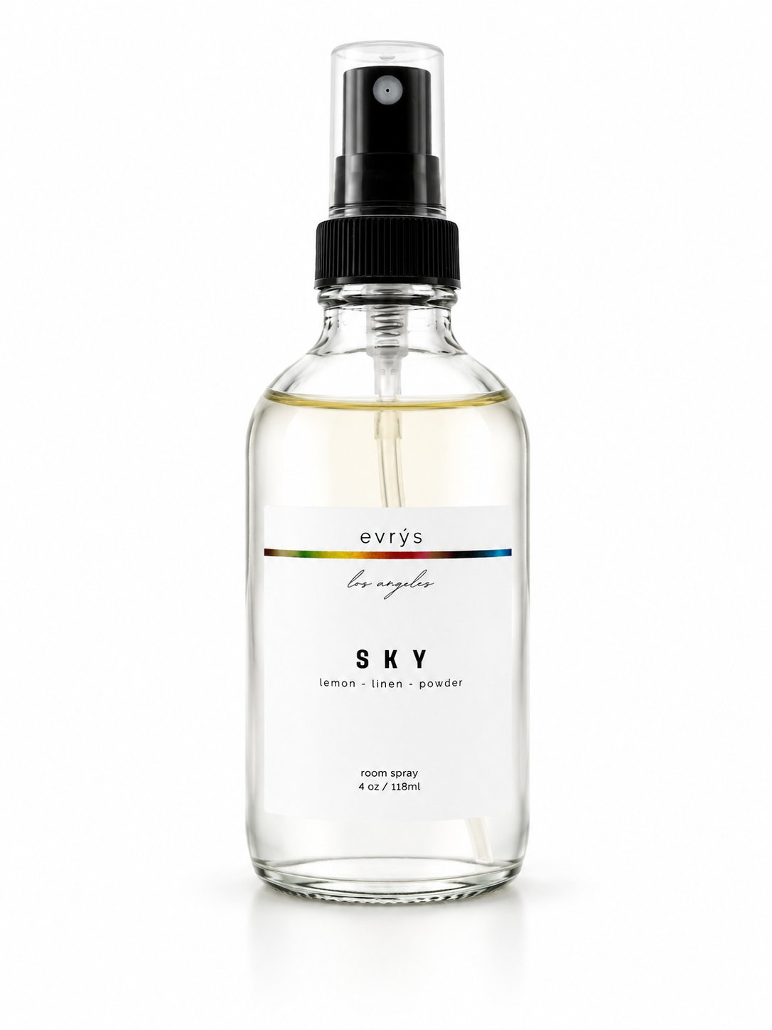 Glass room spray bottle labeled 'evry's' SKY with a black cap on a white background