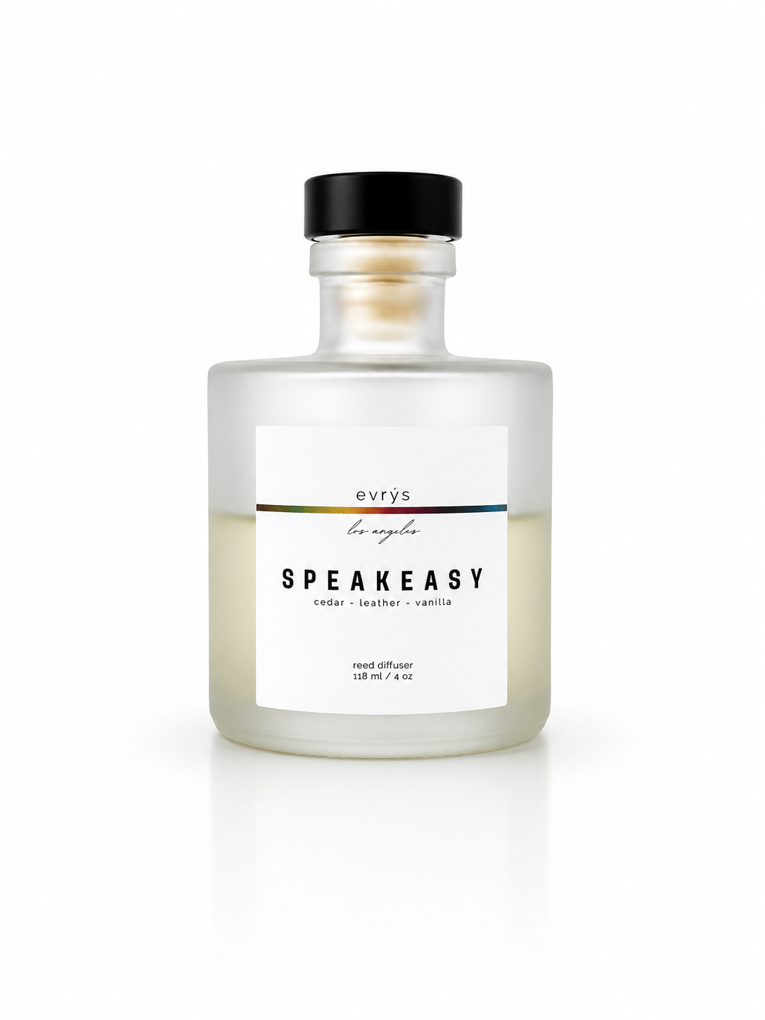 Glass reed diffuser bottle labeled 'Speakeasy' by evrys on a white background