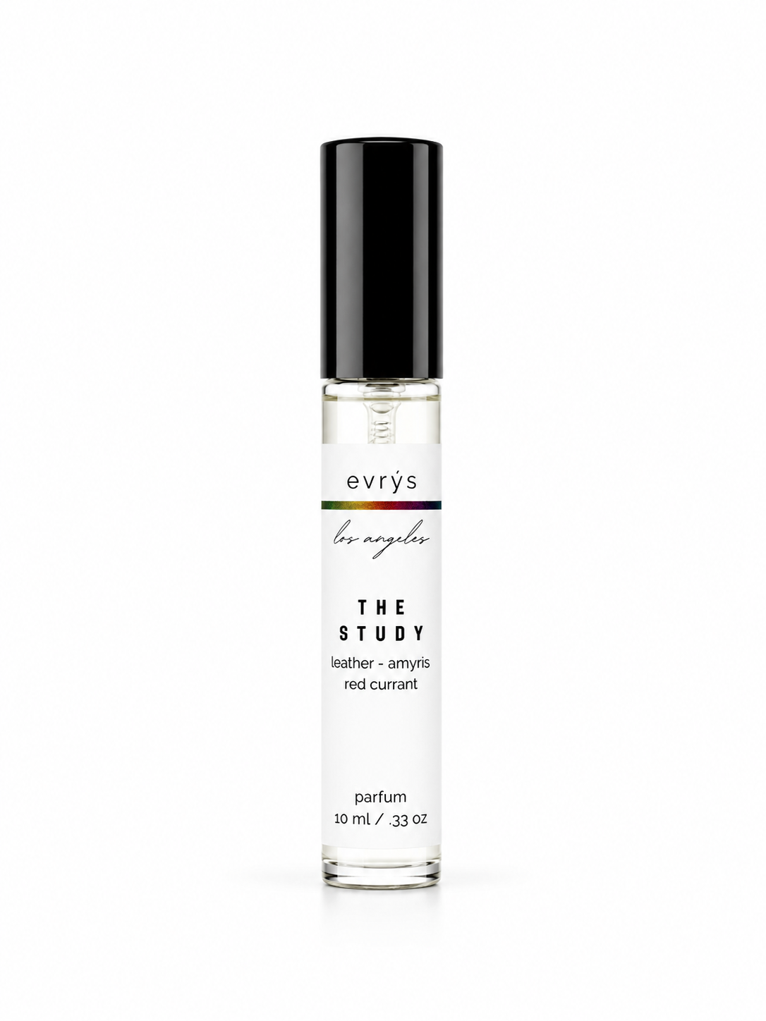 evrys perfume bottle labeled 'The Study' on a white background