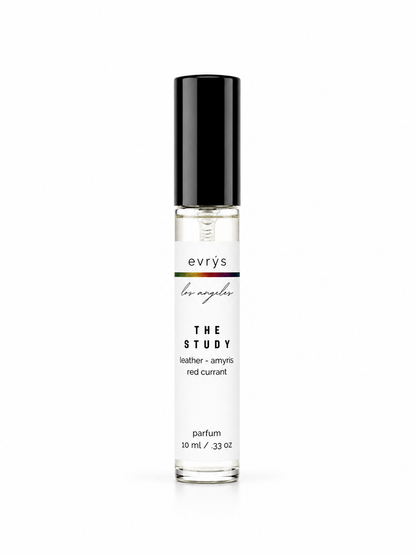 evrys perfume bottle labeled 'The Study' on a white background