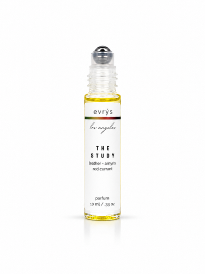 evrys oil roller perfume bottle labeled 'The Study' on a white background