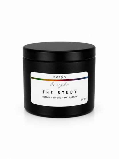 Black container candle with an evrys The Study label on a white background