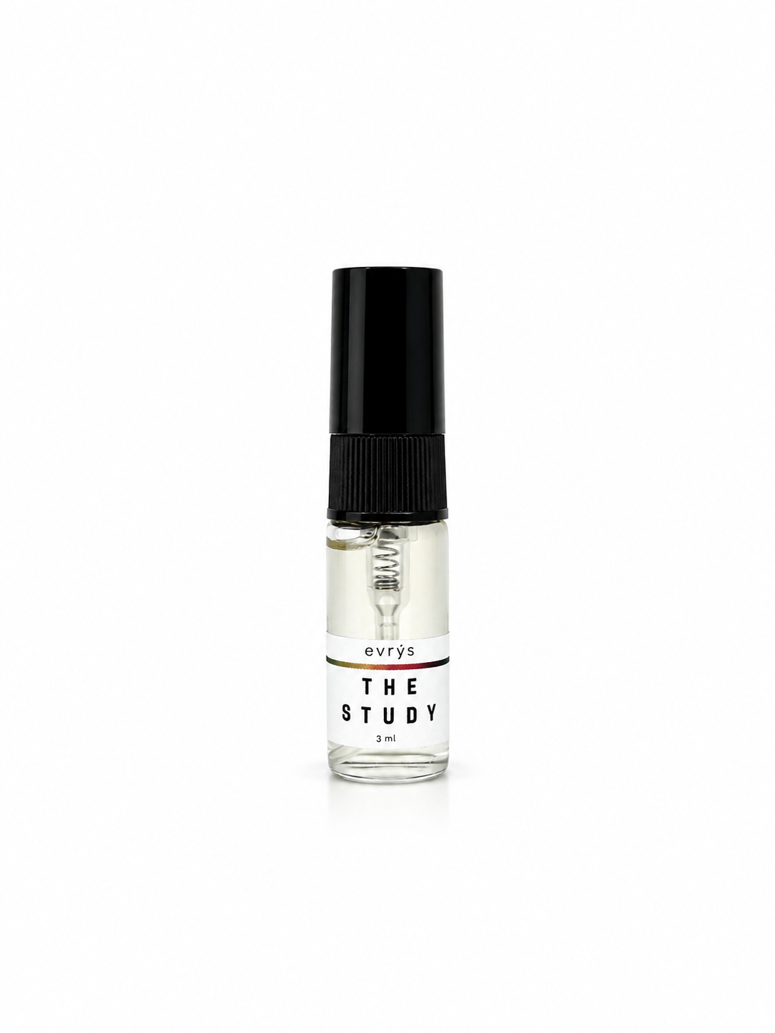 Small glass fragrance bottle with black cap labeled 'The Study' on a white background