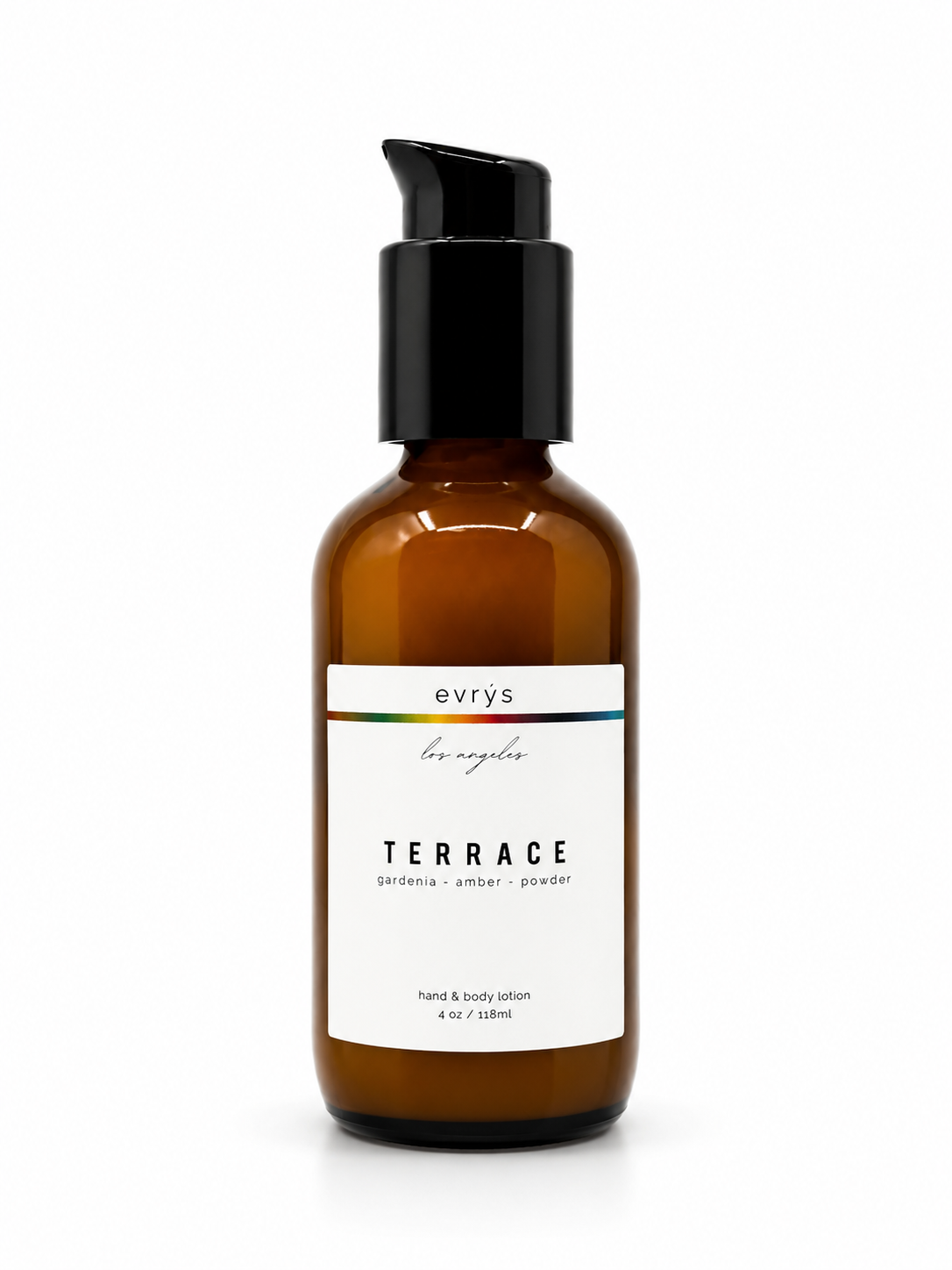 Amber glass lotion bottle with black pump labeled 'evrys' Terrace on a white background