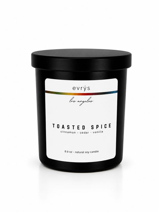 evrys candle labeled 'Toasted Spice' on a white background