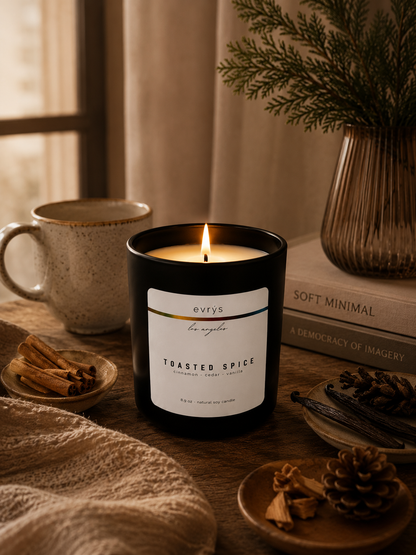 Candle labeled 'Toasted Spice' on a table with a mug, books, and decorative items.